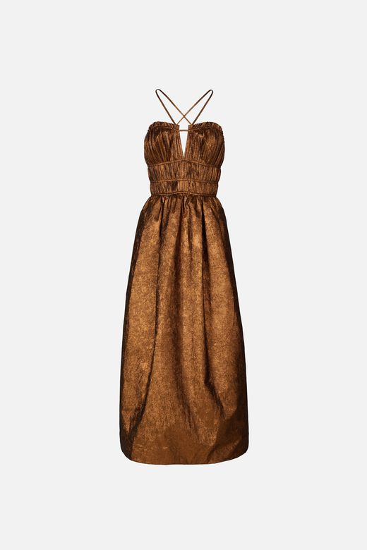 Bronze dress packshot on an invisible mannequin, retouched for ecommerce