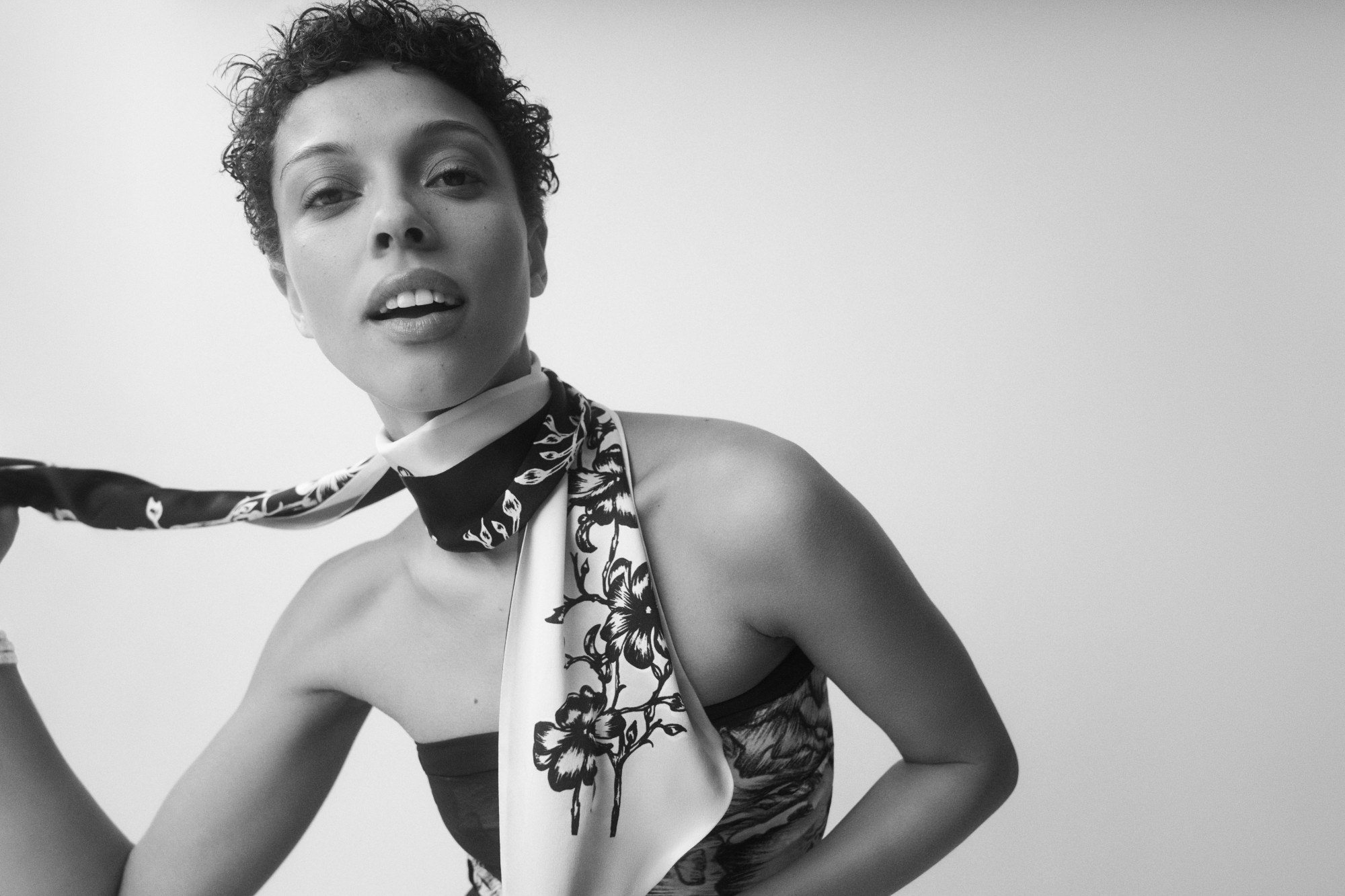 Faith Love Hope editorial: floral silk scarf portrait, black and white